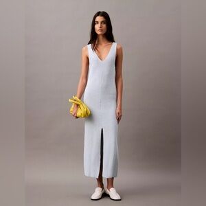 CALVIN KLEIN BOUCLE KNIT V NECK SLEEVELESS SUMMER MIDI DRESS PULL OVER COASTAL L